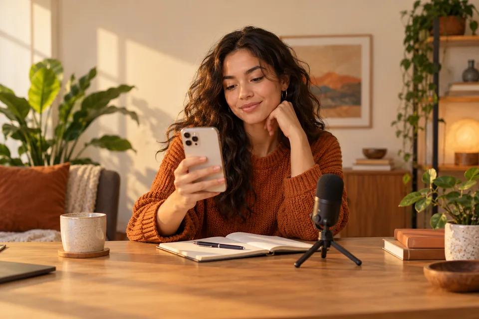 A creator reviewing a phone recording at a warmly lit desk with a microphone.