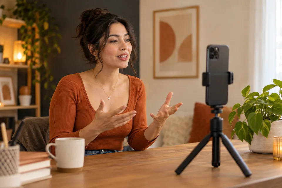 A creator recording a vertical video using a phone on a tripod in a home studio.