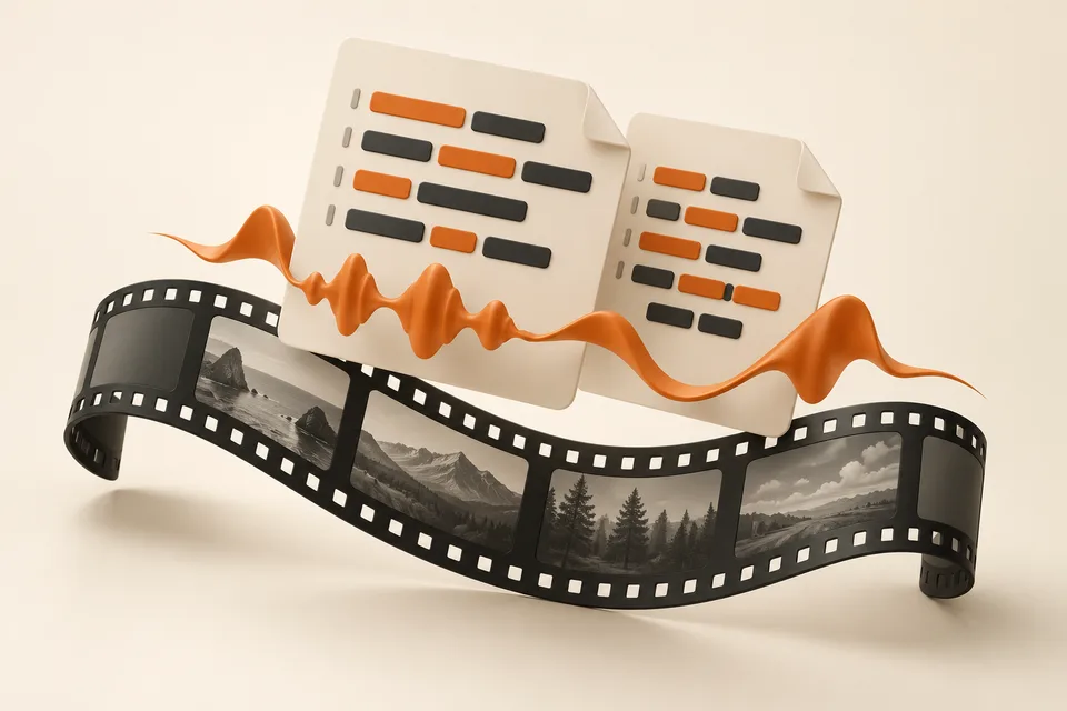 Two abstract subtitle files connected by an orange audio wave above a film strip.